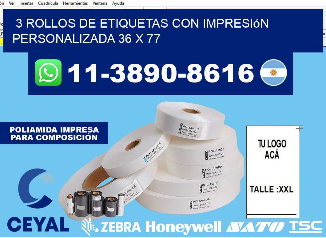 3 rollos de etiquetas con impresión personalizada 36 x 77