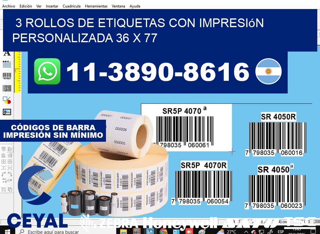 3 rollos de etiquetas con impresión personalizada 36 x 77