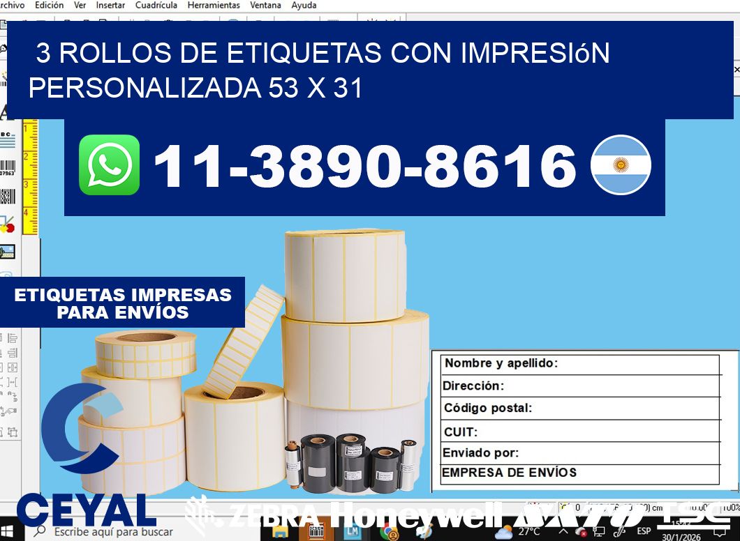 3 rollos de etiquetas con impresión personalizada 53 x 31