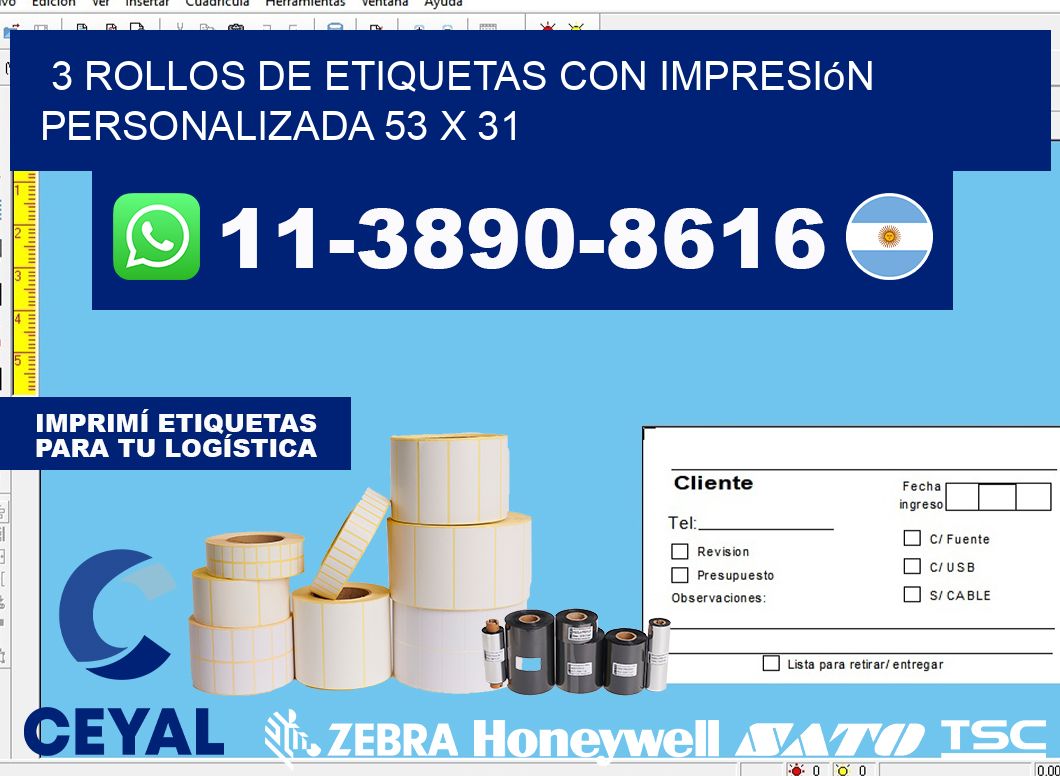 3 rollos de etiquetas con impresión personalizada 53 x 31