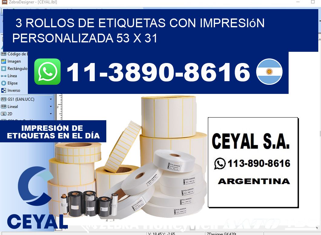 3 rollos de etiquetas con impresión personalizada 53 x 31