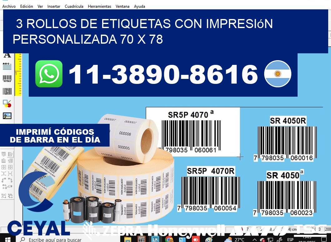 3 rollos de etiquetas con impresión personalizada 70 x 78