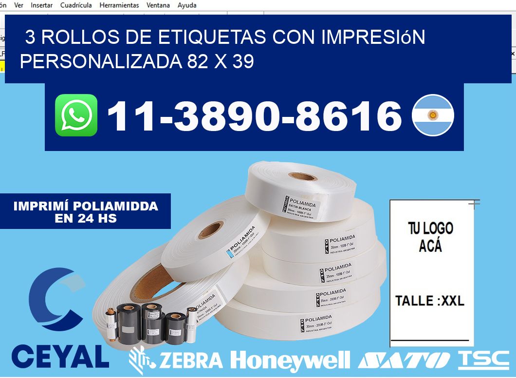 3 rollos de etiquetas con impresión personalizada 82 x 39