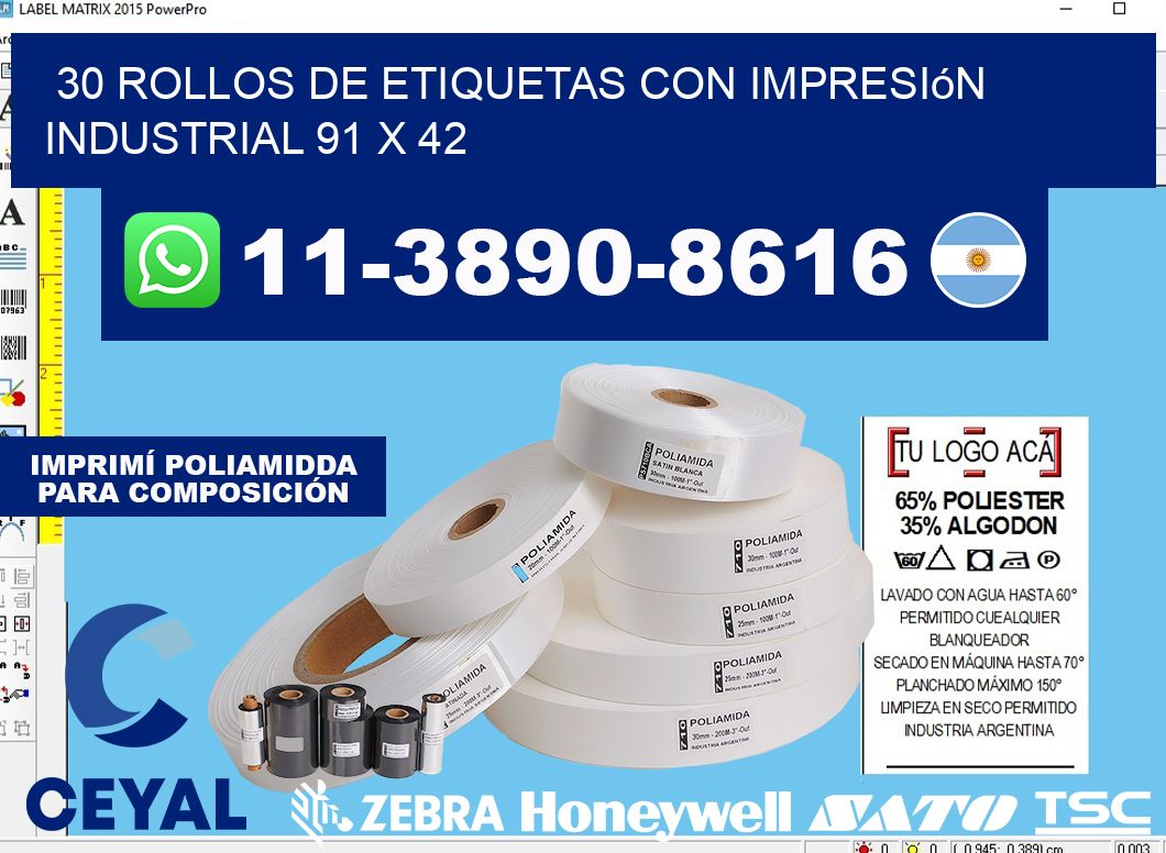 30 rollos de etiquetas con impresión industrial 91 x 42