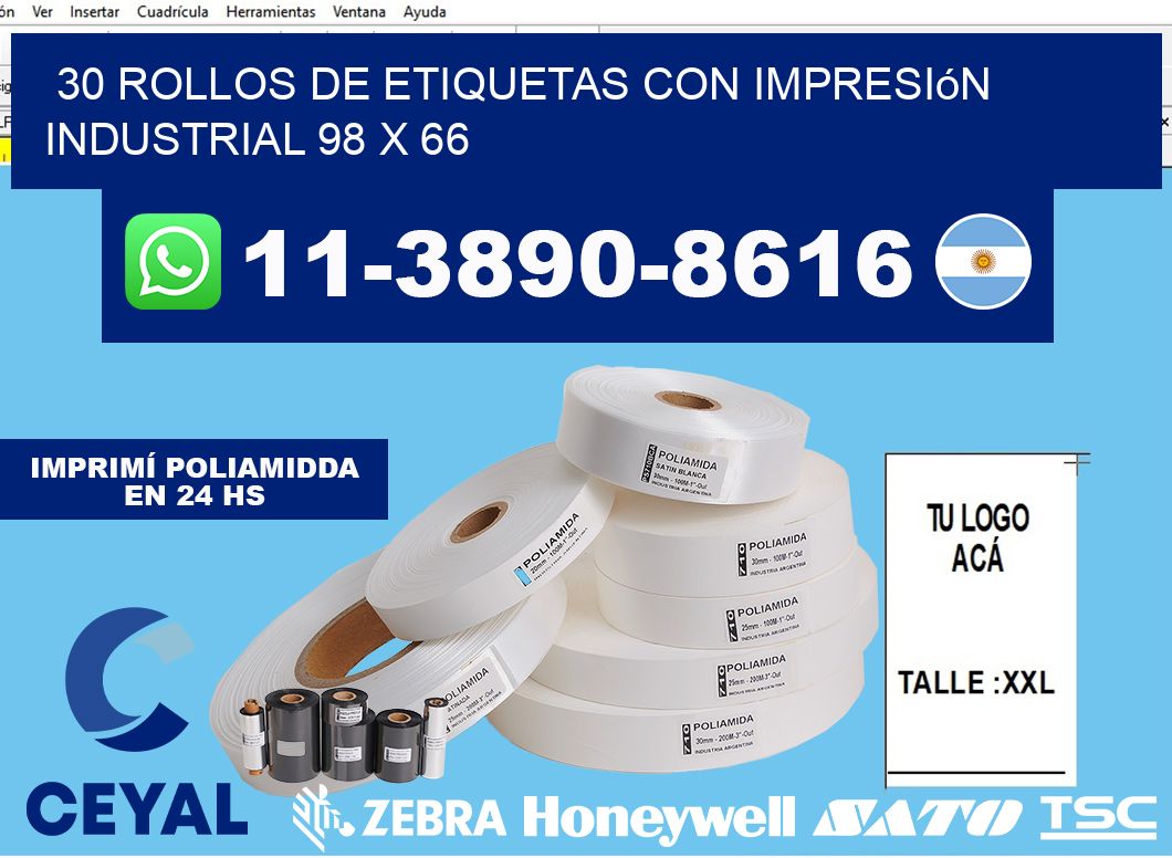30 rollos de etiquetas con impresión industrial 98 x 66