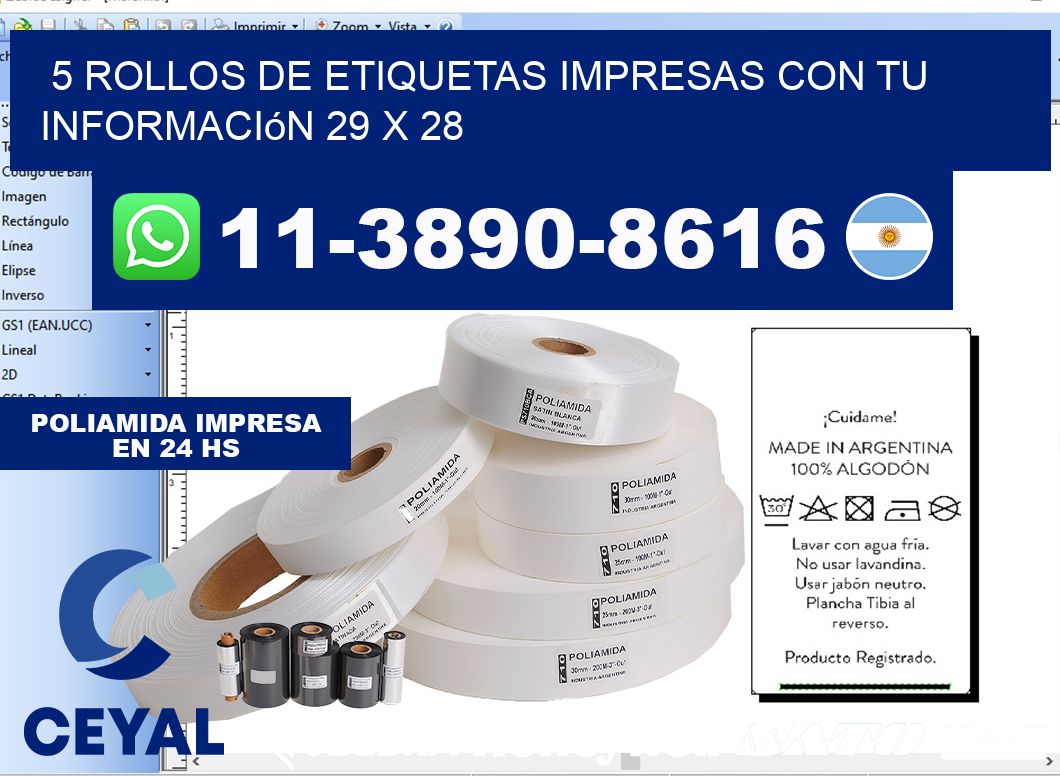 5 rollos de etiquetas impresas con tu información 29 x 28