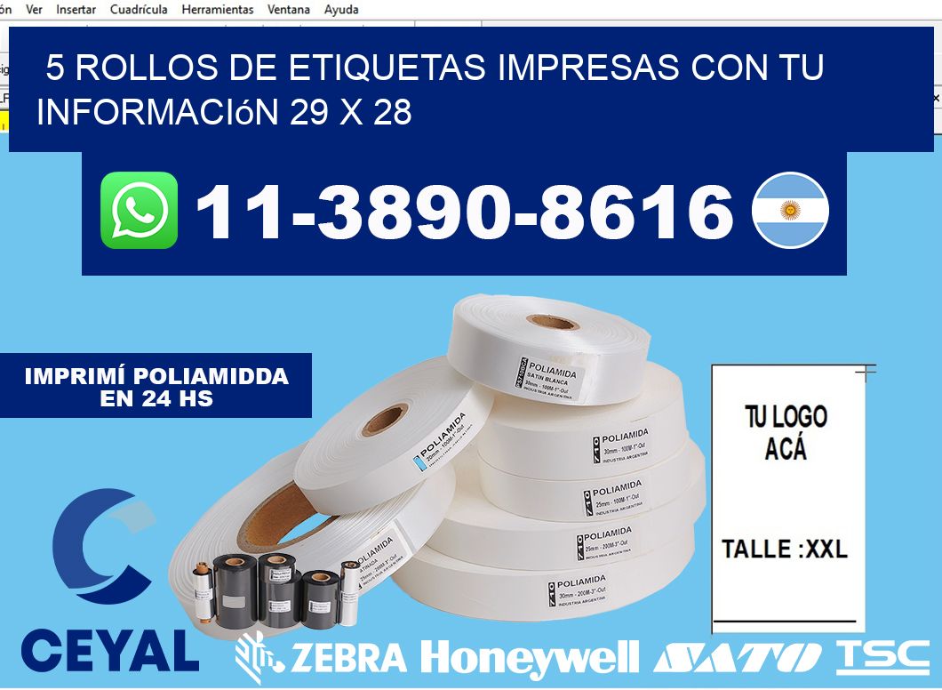 5 rollos de etiquetas impresas con tu información 29 x 28