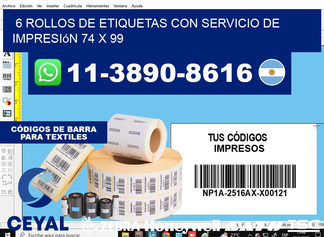 6 rollos de etiquetas con servicio de impresión 74 x 99