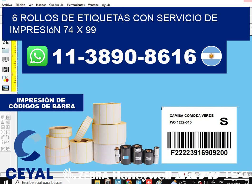 6 rollos de etiquetas con servicio de impresión 74 x 99