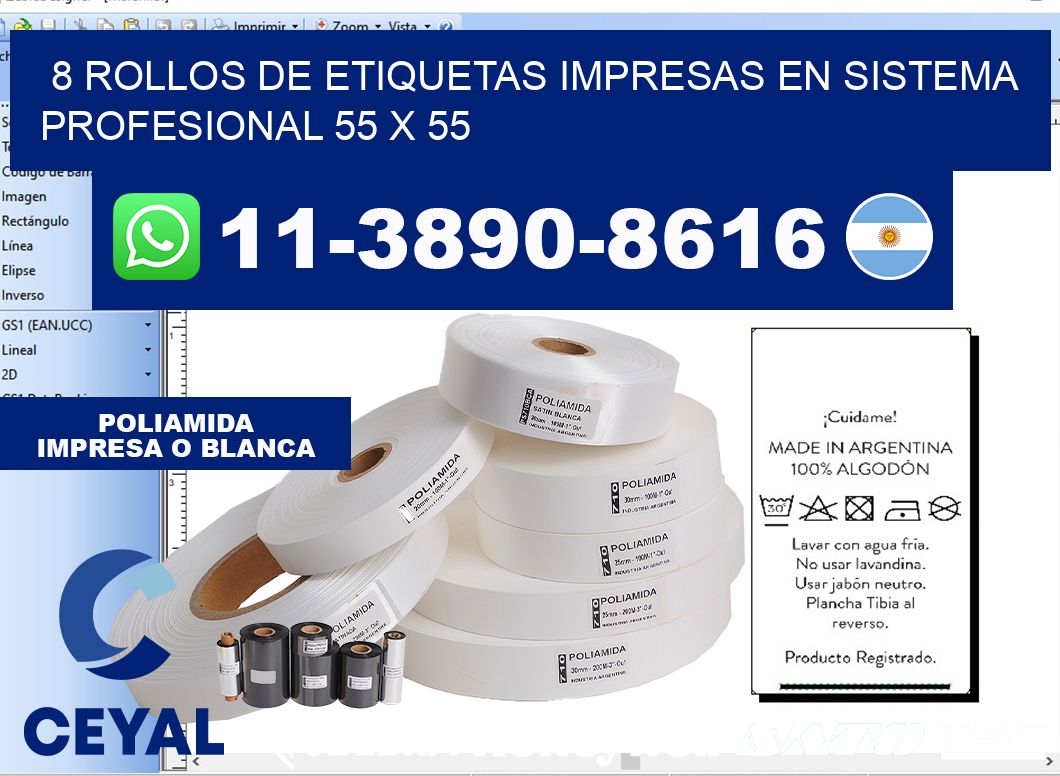 8 rollos de etiquetas impresas en sistema profesional 55 x 55