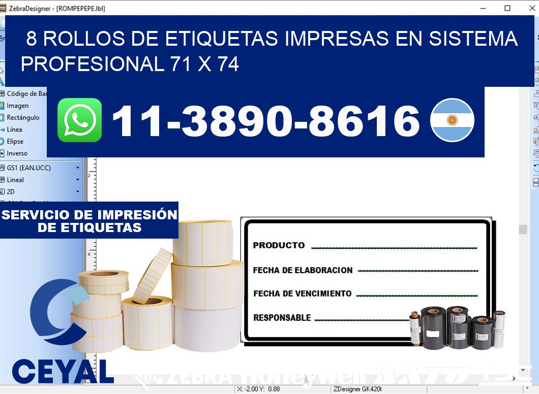 8 rollos de etiquetas impresas en sistema profesional 71 x 74