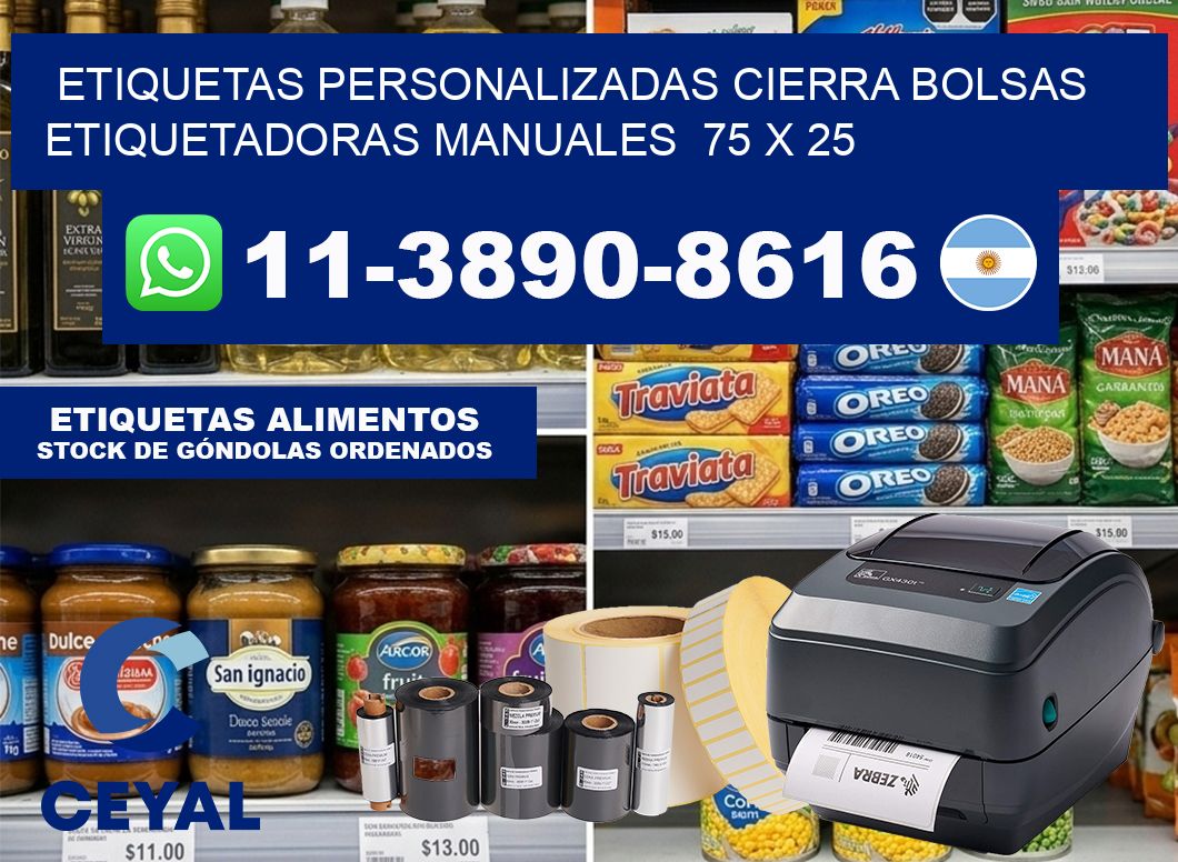 etiquetas personalizadas cierra bolsas  Etiquetadoras Manuales  75 x 25