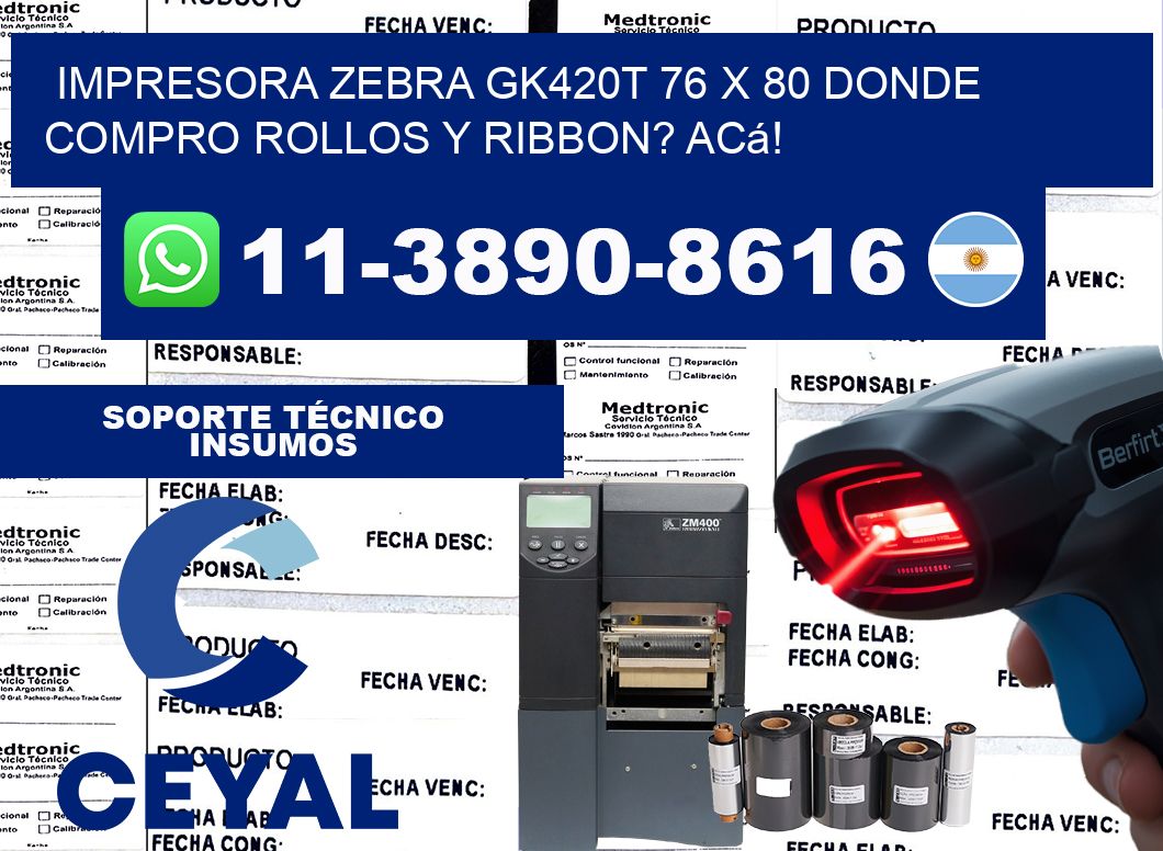 impresora zebra gk420t 76 x 80 Donde compro rollos y ribbon? Acá!