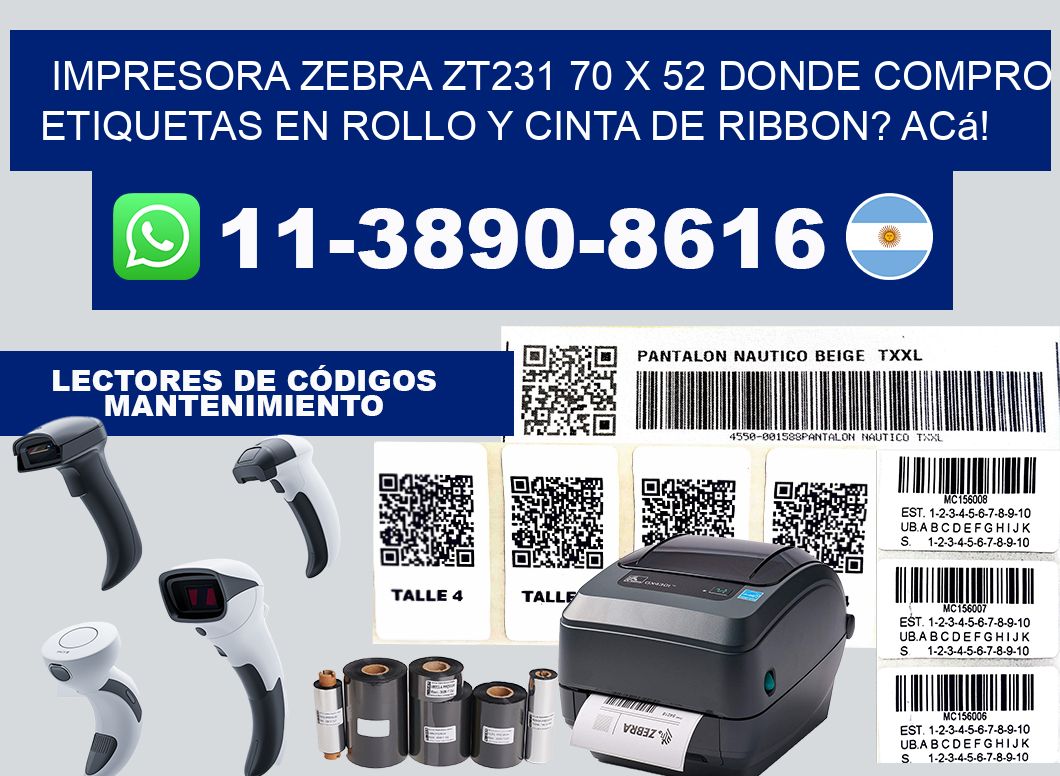 impresora zebra zt231 70 x 52 Donde compro etiquetas en rollo y cinta de ribbon? Acá!